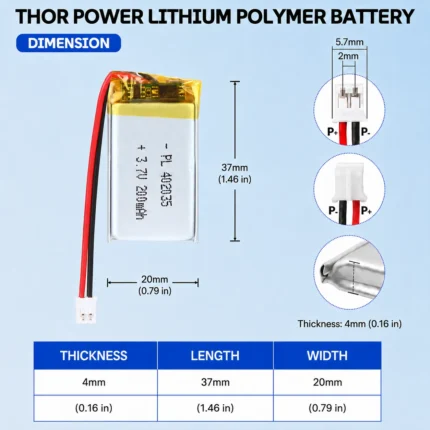 THOR 402035 3.7V 200mAh LiPo battery dimension drawing showing T×W×L = 4.0 × 20 × 37 mm (with PCM) and 2-pin connector polarity