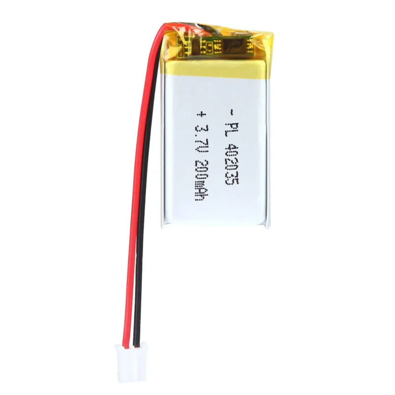 THOR 402035 3.7V 200mAh lithium polymer battery with PCM protection, red and black lead wires, and 2-pin connector
