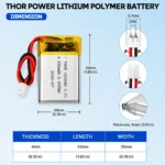 THOR 402040 3.7V 250mAh LiPo battery dimension drawing showing T×W×L = 4.0 × 20 × 42 mm (with PCM) and 2-pin connector polarity