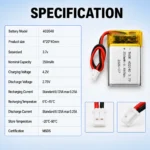 THOR 402040 3.7V 250mAh lithium polymer battery specifications with dimensions and connector details