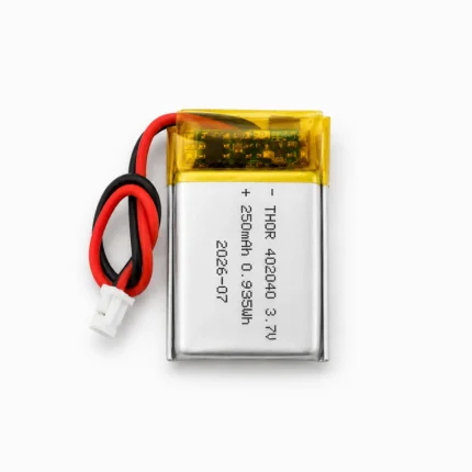 THOR 402040 3.7V 250mAh lithium polymer battery with PCM protection, red and black lead wires, and 2-pin connector