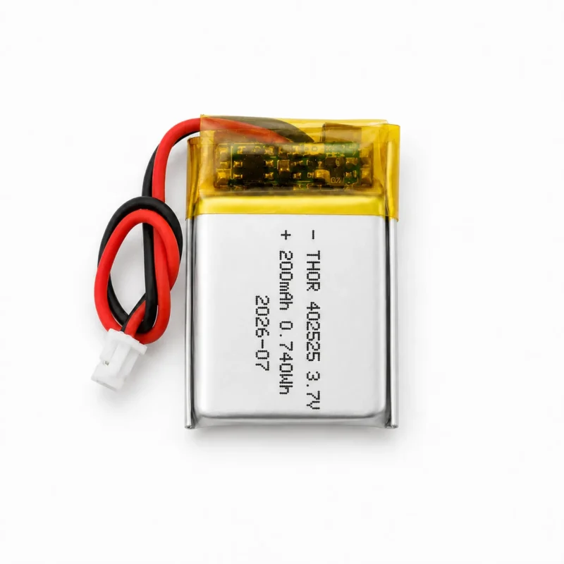 THOR 402525 3.7V 200mAh lithium polymer battery with PCM protection, red and black lead wires, and 2-pin connector