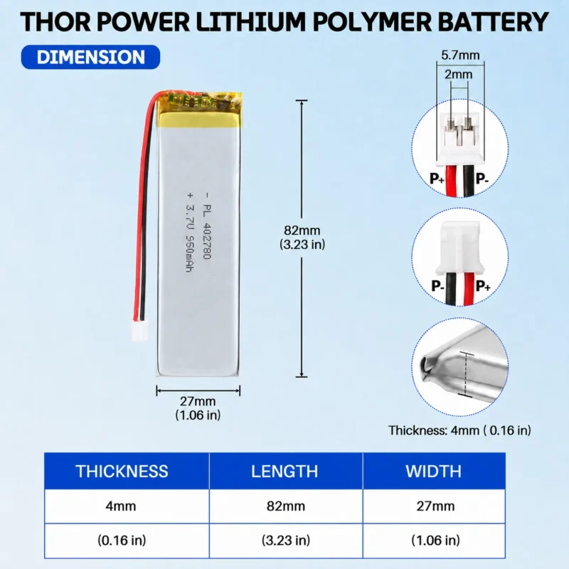 THOR 402780 3.7V 950mAh LiPo battery dimension drawing showing T×W×L = 4.0 × 27 × 82 mm (with PCM) and 2-pin connector polarity