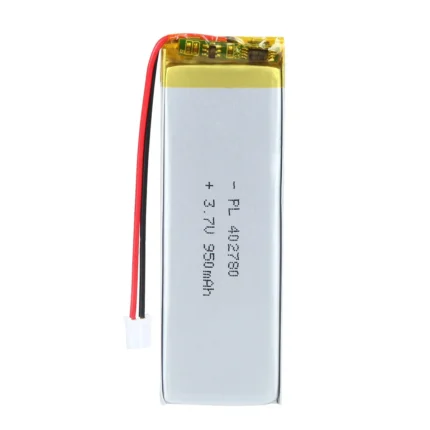 THOR 402780 3.7V 950mAh lithium polymer battery with PCM protection, red and black lead wires, and 2-pin connector