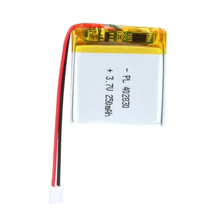 THOR 402830 3.7V 250mAh lithium polymer battery with PCM protection, red and black lead wires, and 2-pin connector