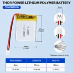 THOR 403035 3.7V 350mAh LiPo battery dimension drawing showing T×W×L = 4.0 × 30 × 37 mm (with PCM) and 2-pin connector polarity