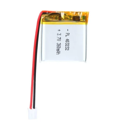 THOR 403232 3.7V 360mAh lithium polymer battery with PCM protection, red and black lead wires, and 2-pin connector