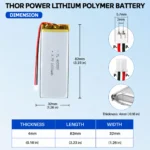 THOR 403280 3.7V 1400mAh LiPo battery dimension drawing showing T×W×L = 4.0 × 32 × 82 mm (with PCM) and 2-pin connector polarity
