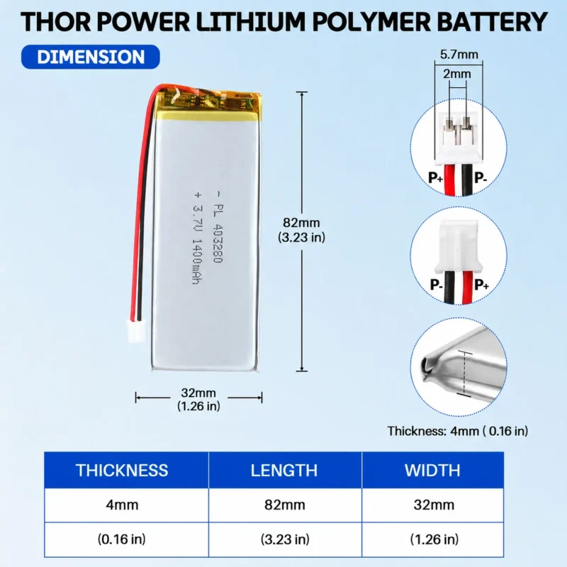THOR 403280 3.7V 1400mAh LiPo battery dimension drawing showing T×W×L = 4.0 × 32 × 82 mm (with PCM) and 2-pin connector polarity