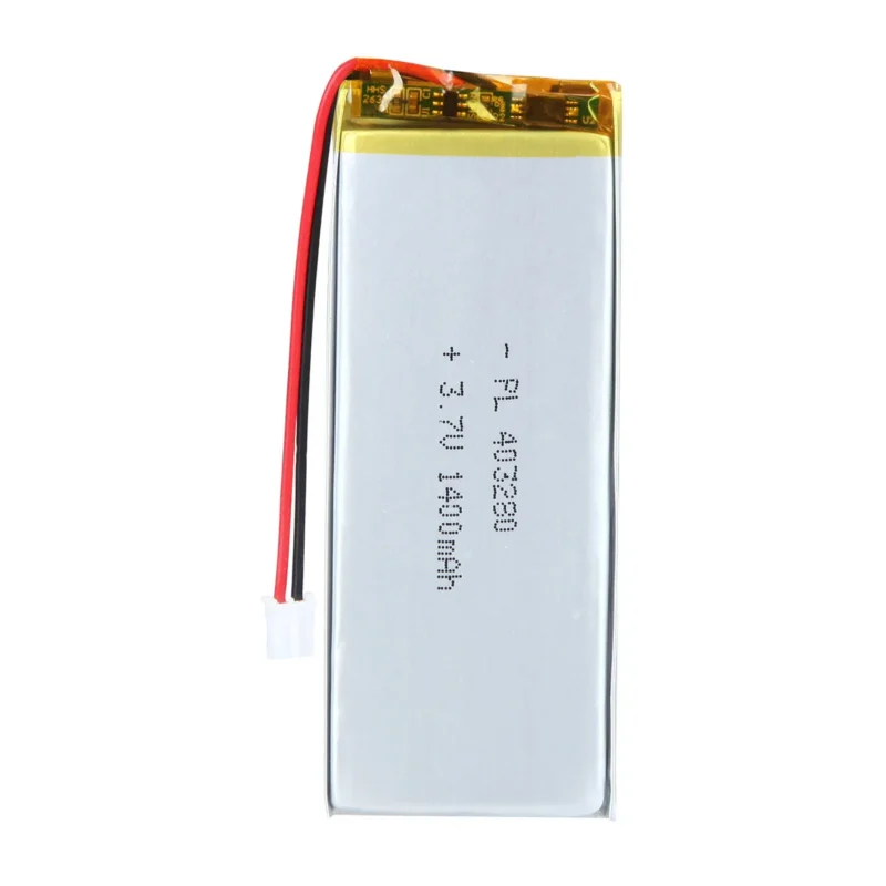 THOR 403280 3.7V 1400mAh lithium polymer battery with PCM protection, red and black lead wires, and 2-pin connector