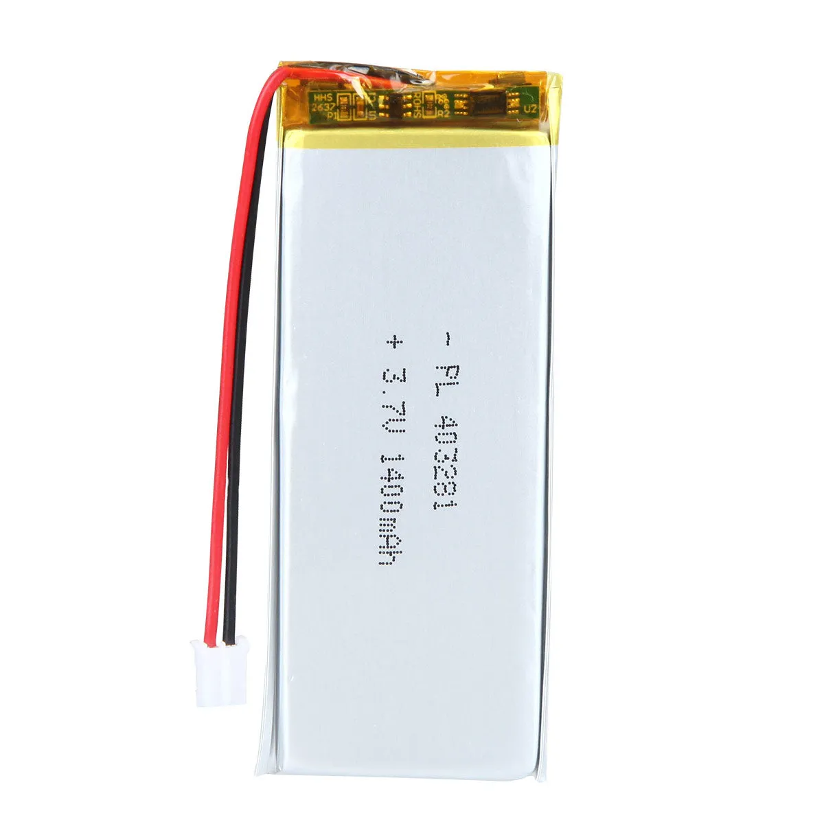 thor-403281-lithium-polymer-battery THOR 403281 3.7V 1400mAh lithium polymer battery with PCM protection, red and black lead wires, and 2-pin connector
