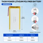 THOR 4056127 3.7V 3500mAh LiPo battery dimension drawing showing T×W×L = 4.0 × 56 × 129 mm (with PCM) and 2-pin connector polarity