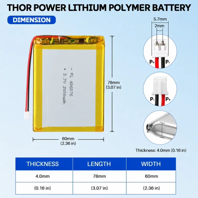 THOR 406076 3.7V 2000mAh LiPo battery dimension drawing showing T×W×L = 4.0 × 60 × 78 mm (with PCM) and 2-pin connector polarity