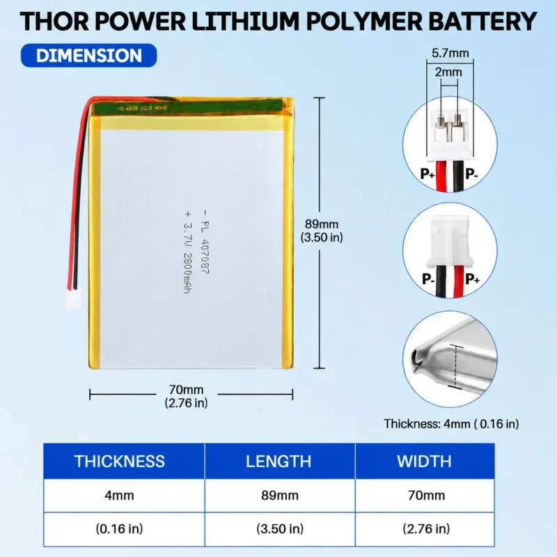 THOR 407087 3.7V 2800mAh LiPo battery dimension drawing showing T×W×L = 4 × 70 × 89 mm (with PCM) and 2-pin connector polarity
