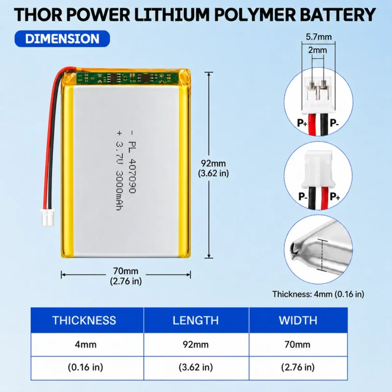 THOR 407090 3.7V 3000mAh LiPo battery dimension drawing showing T×W×L = 4.0 × 70 × 92 mm (with PCM) and 2-pin connector polarity