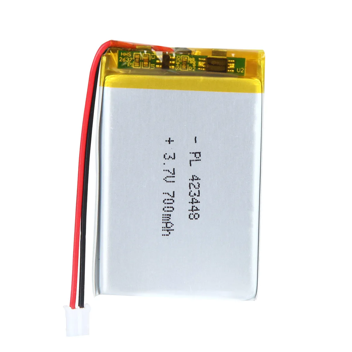 thor-423448-lithium-polymer-battery THOR 423448 3.7V 700mAh lithium polymer battery with PCM protection, red and black lead wires, and 2-pin connector