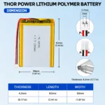 THOR 425060 3.7V 1300mAh LiPo battery dimension drawing showing T×W×L = 4.2 × 50 × 62 mm (with PCM) and 2-pin connector polarity