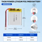 THOR 443441 3.7V 660mAh LiPo battery dimension drawing showing T×W×L = 4.4 × 34 × 43 mm (with PCM) and 2-pin connector polarity