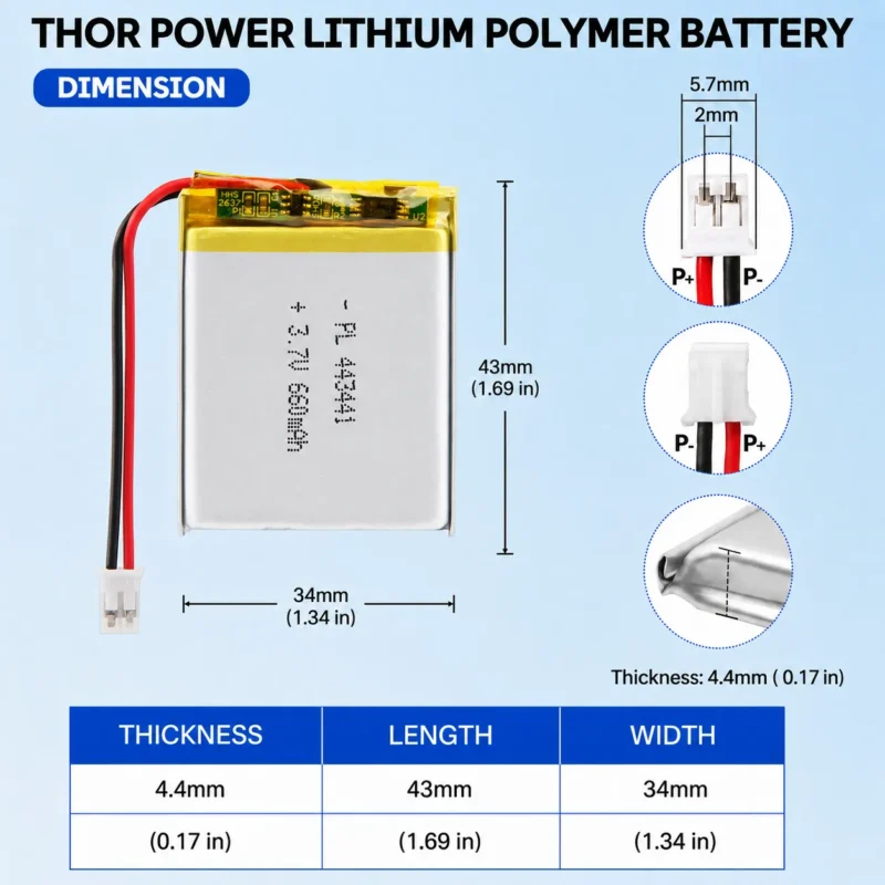 THOR 443441 3.7V 660mAh LiPo battery dimension drawing showing T×W×L = 4.4 × 34 × 43 mm (with PCM) and 2-pin connector polarity