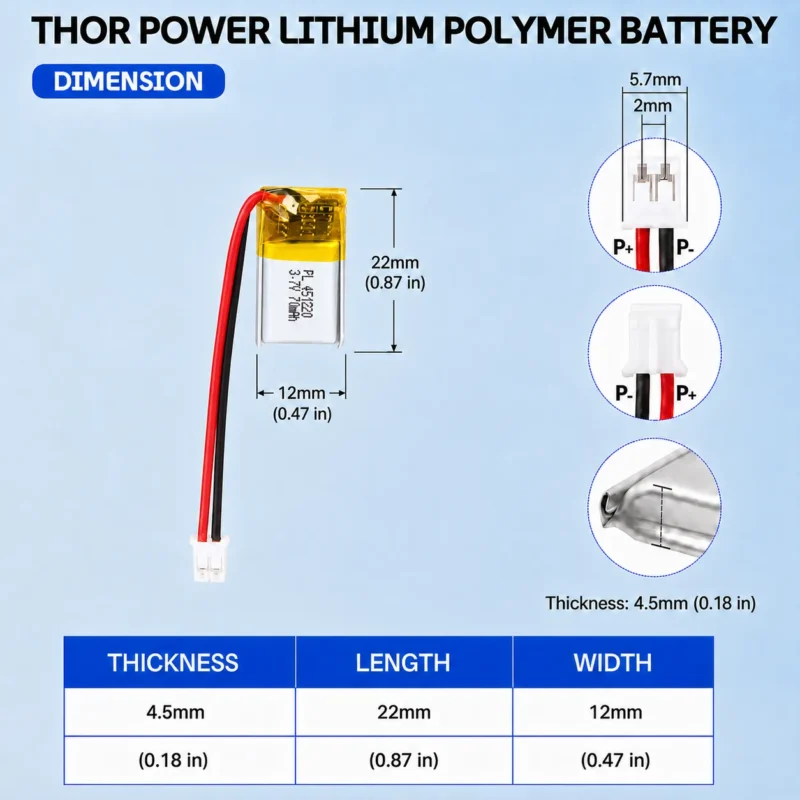 THOR 451220 3.7V 70mAh LiPo battery dimension drawing showing T×W×L = 4.5 × 12 × 22 mm (with PCM) and 2-pin connector polarity