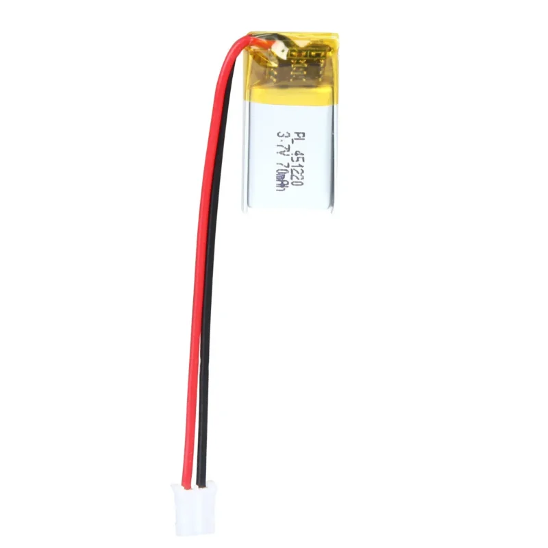 THOR 451220 3.7V 70mAh lithium polymer battery with PCM protection, red and black lead wires, and 2-pin connector