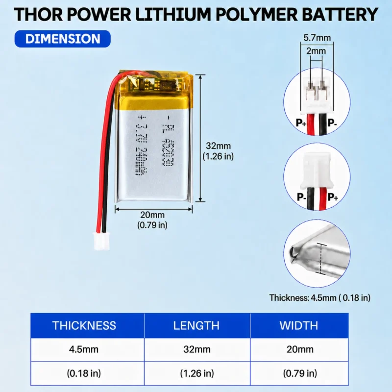 THOR 452030 3.7V 240mAh LiPo battery dimension drawing showing T×W×L = 4.5 × 20 × 32 mm (with PCM) and 2-pin connector polarity