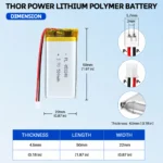 THOR 452248 3.7V 500mAh LiPo battery dimension drawing showing T×W×L = 4.5 × 22 × 50 mm (with PCM) and 2-pin connector polarity