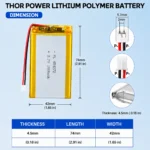 THOR 454272 3.7V 1500mAh LiPo battery dimension drawing showing T×W×L = 4.5 × 42 × 74 mm (with PCM) and 2-pin connector polarity