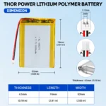 THOR 455272 3.7V 2000mAh LiPo battery dimension drawing showing T×W×L = 4.5 × 52 × 74 mm (with PCM) and 2-pin connector polarity