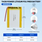 THOR 455572 3.7V 2000mAh LiPo battery dimension drawing showing T×W×L = 4.5 × 55 × 74 mm (with PCM) and 2-pin connector polarity