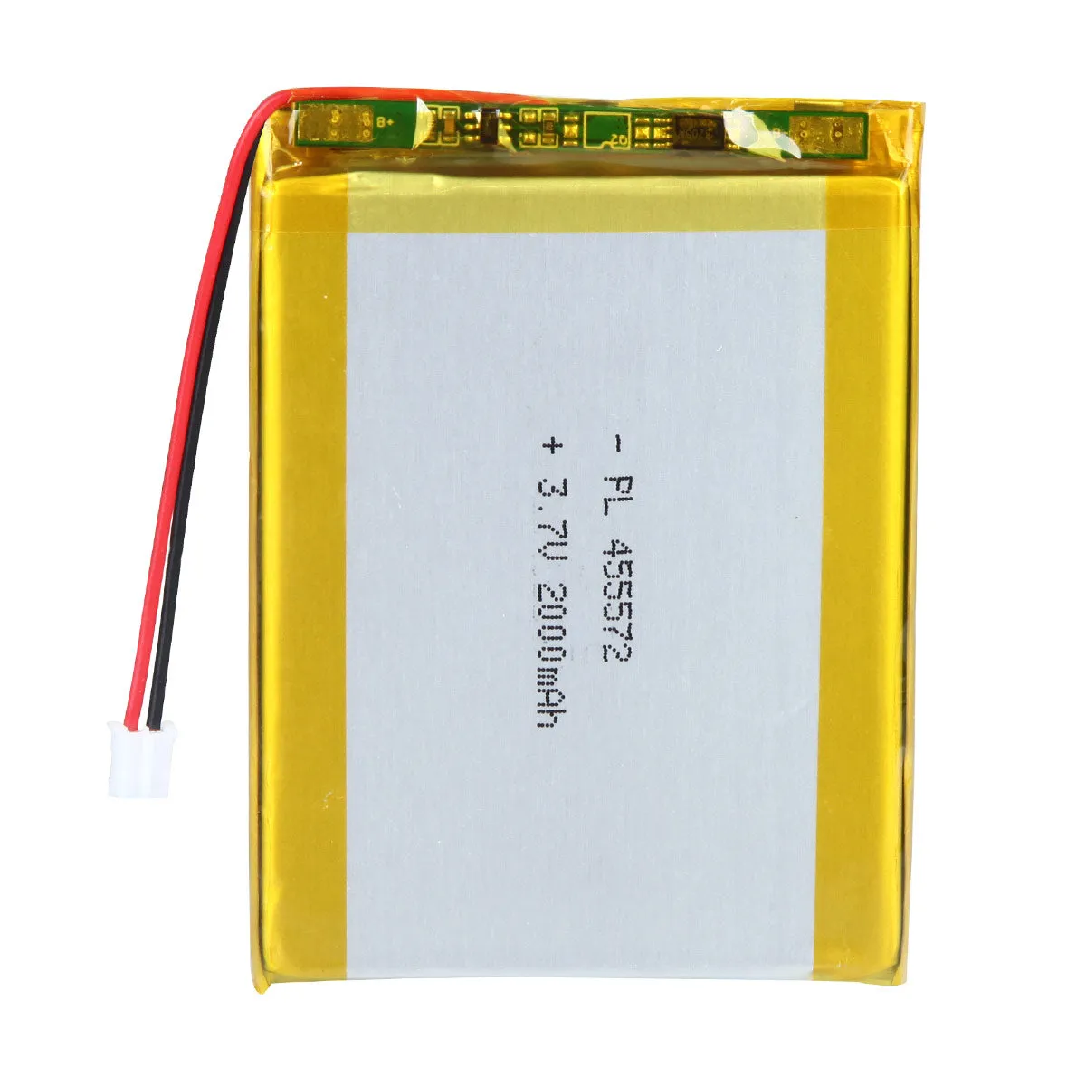 thor-455572-lithium-polymer-battery THOR 455572 3.7V 2000mAh lithium polymer battery with PCM protection, red and black lead wires, and 2-pin connector