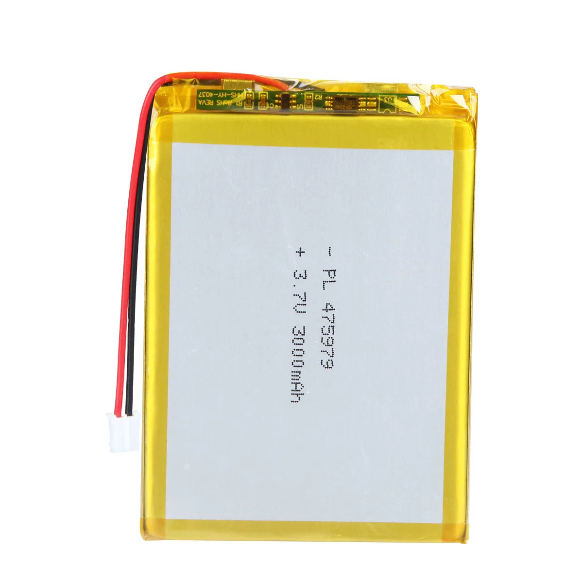 thor-475979-lithium-polymer-battery THOR 475979 3.7V 3000mAh lithium polymer battery with PCM protection, red and black lead wires, and 2-pin connector
