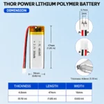 THOR 481645 3.7V 300mAh LiPo battery dimension drawing showing T×W×L = 4.8 × 16 × 47 mm (with PCM) and 2-pin connector polarity