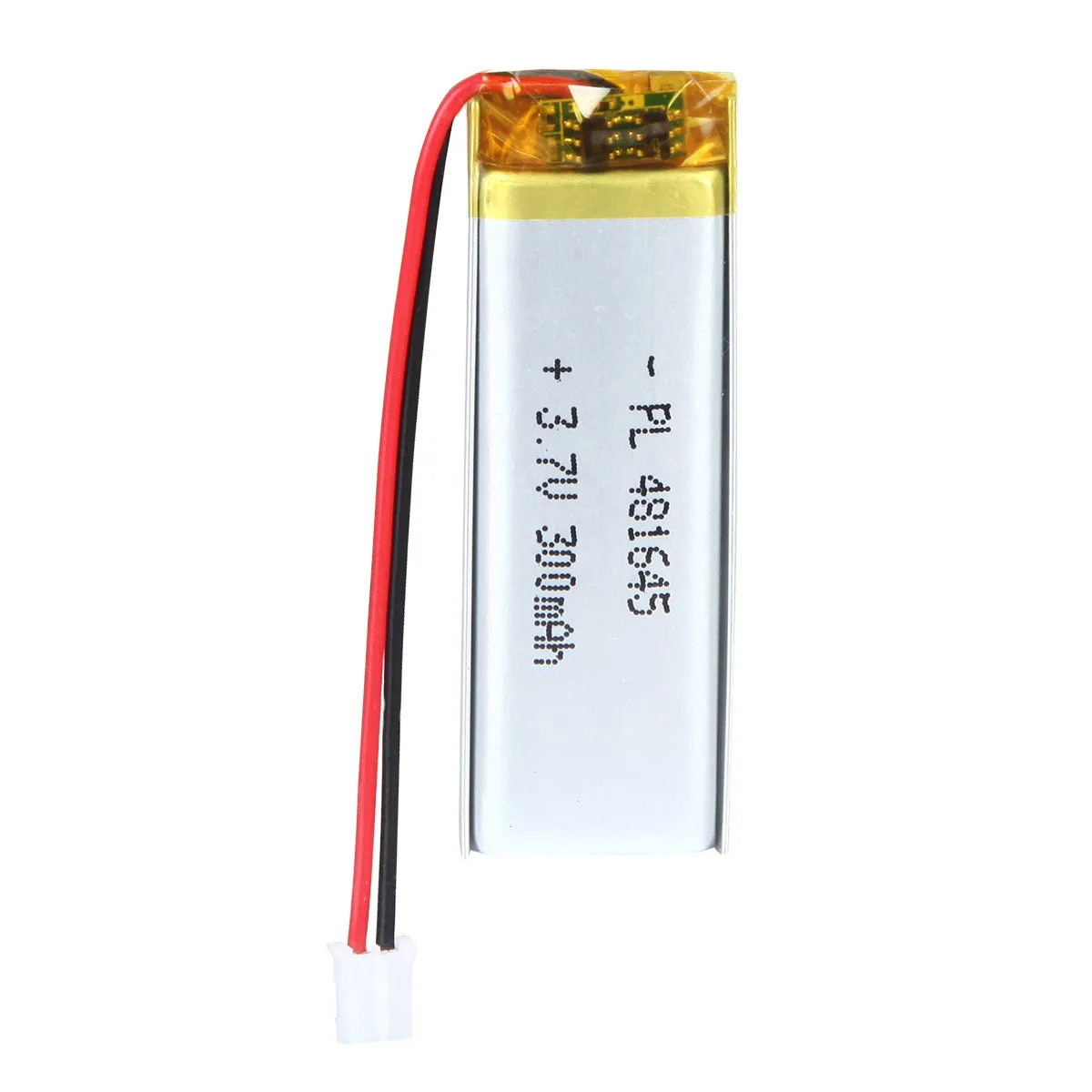 thor-481645-lithium-polymer-battery THOR 481645 3.7V 300mAh lithium polymer battery with PCM protection, red and black lead wires, and 2-pin connector