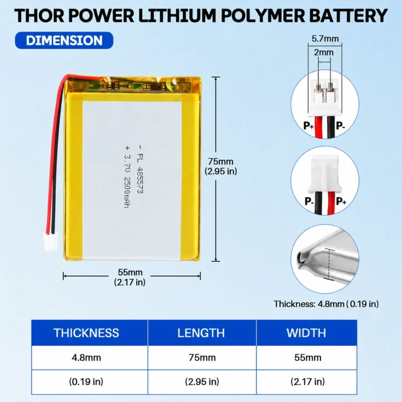 THOR 485573 3.7V 2500mAh LiPo battery dimension drawing showing T×W×L = 4.8 × 55 × 75 mm (with PCM) and 2-pin connector polarity