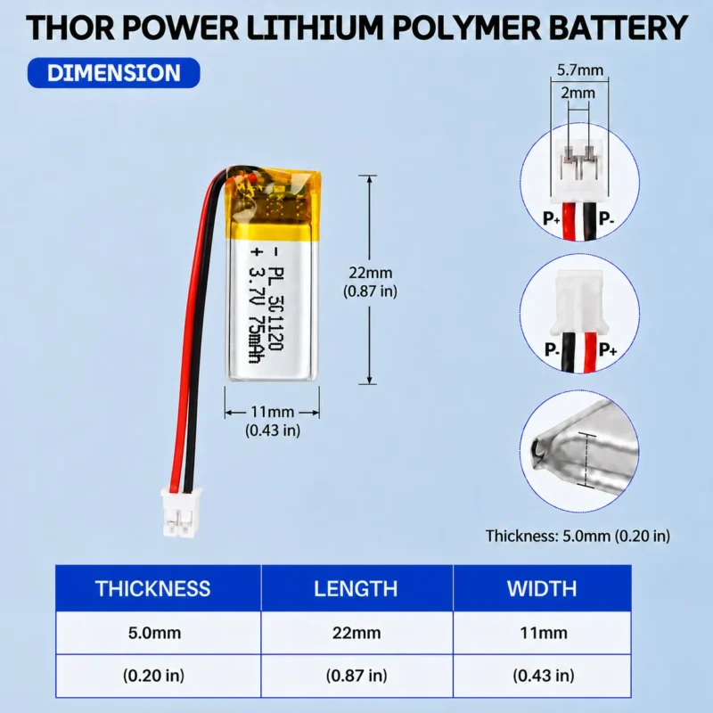 THOR 501120 3.7V 75mAh LiPo battery dimension drawing showing T×W×L = 5 × 11 × 22 mm (with PCM) and 2-pin connector polarity