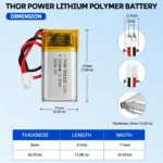 THOR 501125 3.7V 100mAh LiPo battery dimension drawing showing T×W×L = 5 × 11 × 27 mm (with PCM) and 2-pin connector polarity