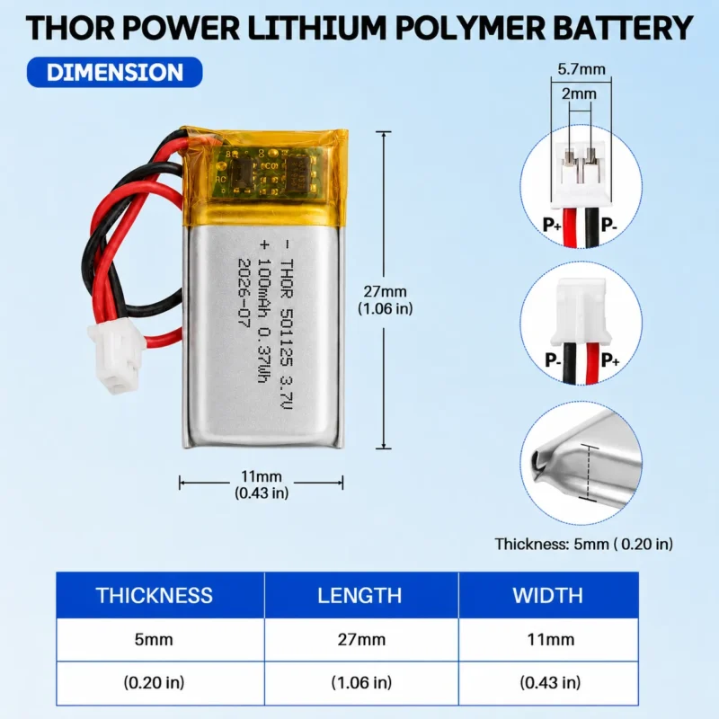 THOR 501125 3.7V 100mAh LiPo battery dimension drawing showing T×W×L = 5 × 11 × 27 mm (with PCM) and 2-pin connector polarity