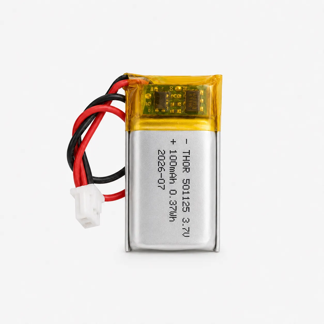 thor-501125-lithium-polymer-battery THOR 501125 3.7V 100mAh lithium polymer battery with PCM protection, red and black lead wires, and 2-pin connector