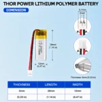 THOR 501227 3.7V 130mAh LiPo battery dimension drawing showing T×W×L = 5 × 12 × 29 mm (with PCM) and 2-pin connector polarity