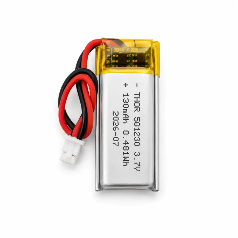 THOR 501230 3.7V 130mAh lithium polymer battery with PCM protection, red and black lead wires, and 2-pin connector