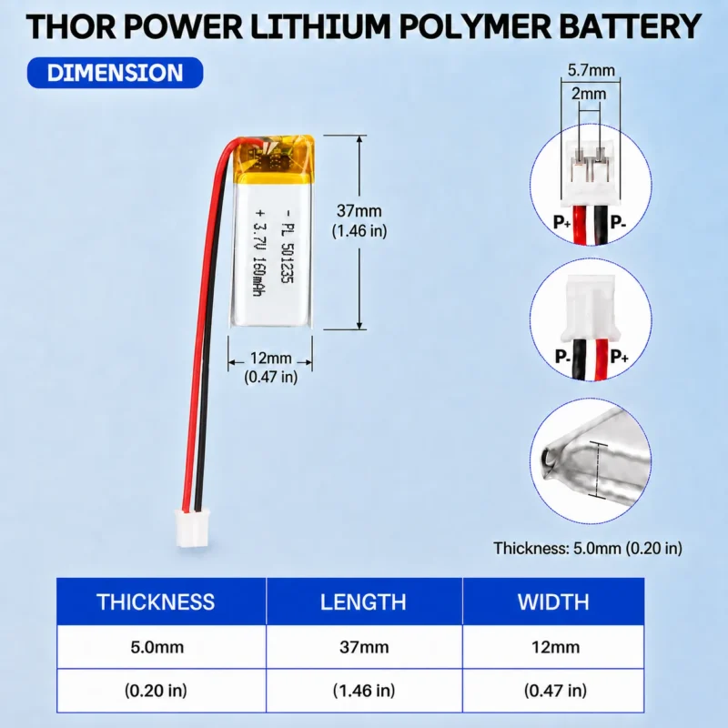 THOR 501235 3.7V 160mAh LiPo battery dimension drawing showing T×W×L = 5 × 12 × 37 mm (with PCM) and 2-pin connector polarity