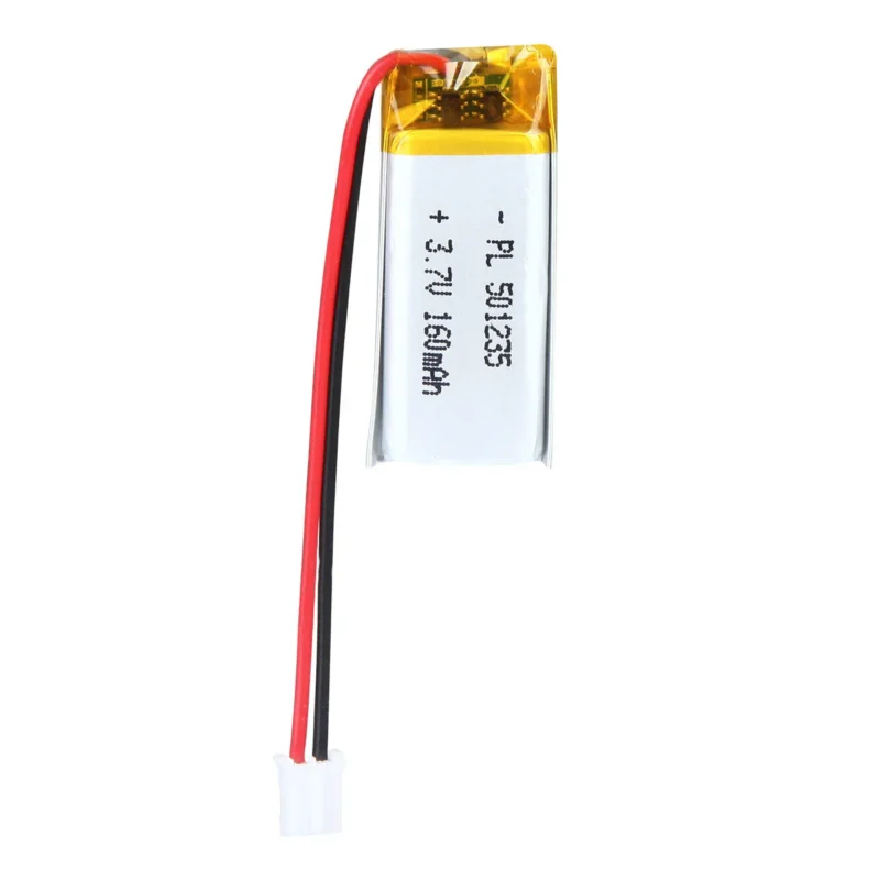 THOR 501235 3.7V 160mAh lithium polymer battery with PCM protection, red and black lead wires, and 2-pin connector