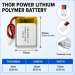 THOR 501520 3.7V 120mAh LiPo battery dimension drawing showing T×W×L = 5 × 15 × 22 mm (with PCM) and 2-pin connector polarity