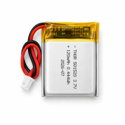 THOR 501520 3.7V 120mAh lithium polymer battery with PCM protection, red and black lead wires, and 2-pin connector