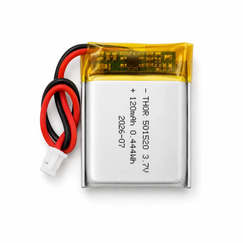 THOR 501520 3.7V 120mAh lithium polymer battery with PCM protection, red and black lead wires, and 2-pin connector