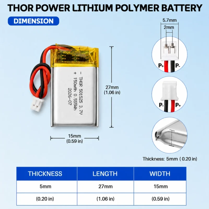 THOR 501525 3.7V 150mAh LiPo battery dimension drawing showing T×W×L = 5 × 15 × 27 mm (with PCM) and 2-pin connector polarity