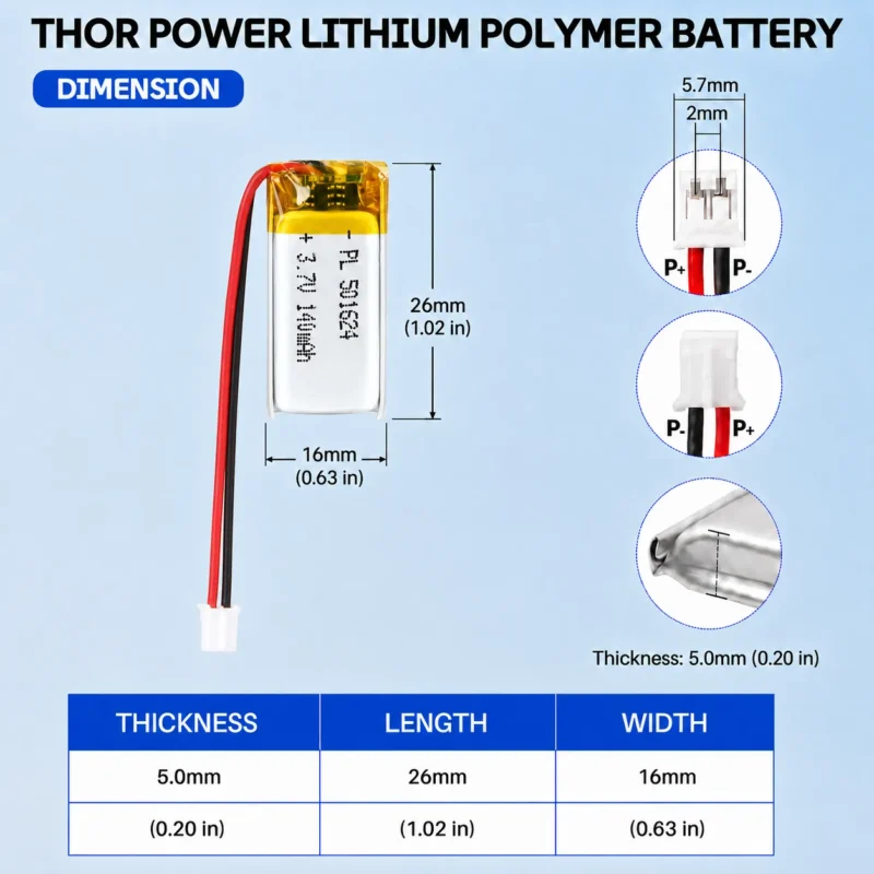 THOR 501624 3.7V 140mAh LiPo battery dimension drawing showing T×W×L = 5 × 16 × 26 mm (with PCM) and 2-pin connector polarity