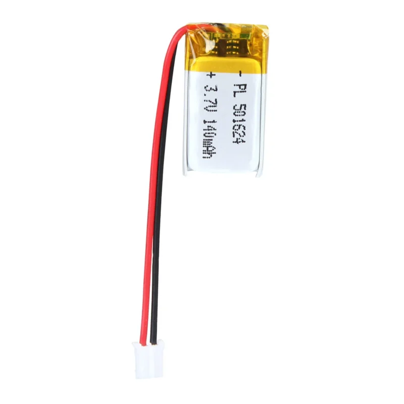 THOR 501624 3.7V 140mAh lithium polymer battery with PCM protection, red and black lead wires, and 2-pin connector