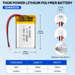 THOR 502030 3.7V 250mAh LiPo battery dimension drawing showing T×W×L = 5.0 × 20 × 32 mm (with PCM) and 2-pin connector polarity